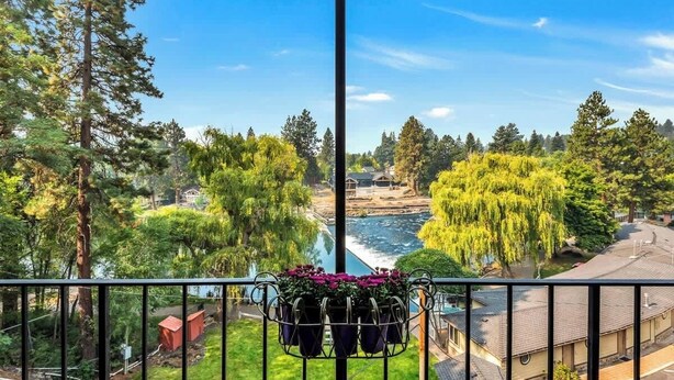 Un balcon donnant sur une rivière, des arbres et un petit bâtiment.