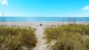 En sti langs stranden der fører hen til havet, med sand og græs på hver side.