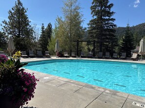 A clear swimming pool with lounge chairs and umbrellas, surrounded by trees and a mountainous backdrop. - Tamarack Resort Condo with Spectacular Views! (Donnelly)