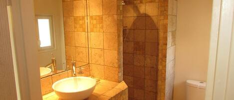 Shower, hair dryer, soap, toilet paper