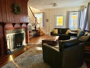 Smart TV, fireplace, books