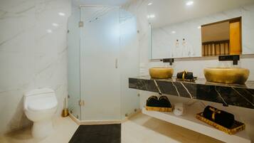 Amenidades de baño de diseñador, secadora de cabello, pantuflas