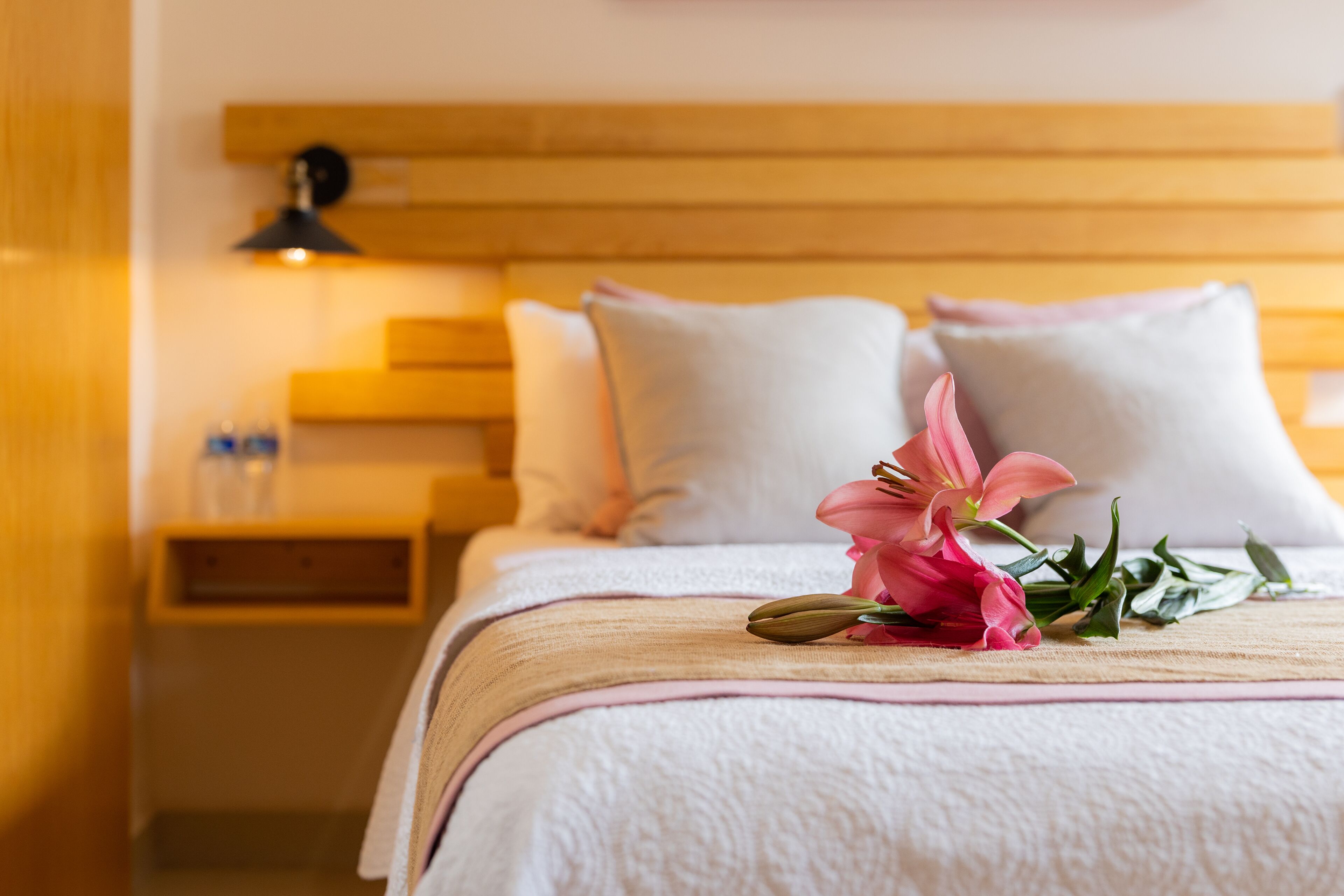 Selimut bulu angsa, minibar, brankas, dan meja kerja