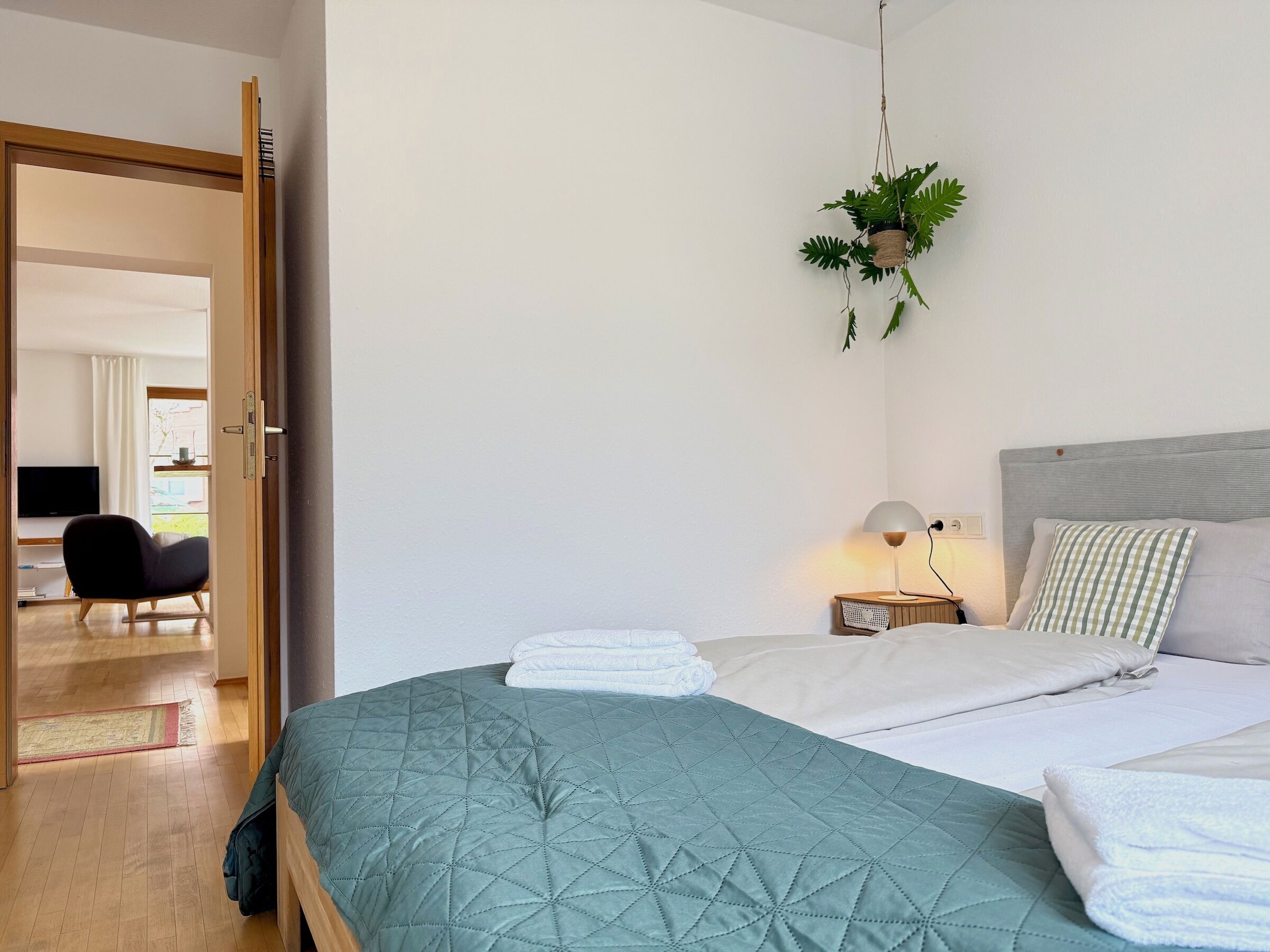 Ein Schlafzimmer mit Bett, einer hängenden Pflanze, einem Nachttisch mit Lampe und Blick auf einen Wohnbereich mit Sessel und Fernseher.