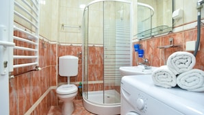 Ein Badezimmer mit Duschkabine, Toilette, Waschbecken und Waschmaschine.