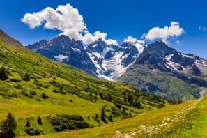 Un paysage de montagne avec un ciel dégagé et des sommets enneigés.