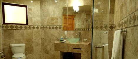 A modern bathroom with a glass-enclosed shower, a toilet, a sink, and a mirror.