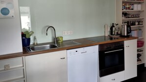 A modern kitchen with a dishwasher, oven, and a built-in stove. - Spacious Living in a small 50s villa with large garden and fireplace (Langen (Hessen))