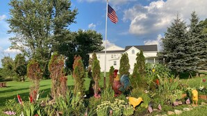 A residential area with a house, a flag, and a garden with various plants and decorations.