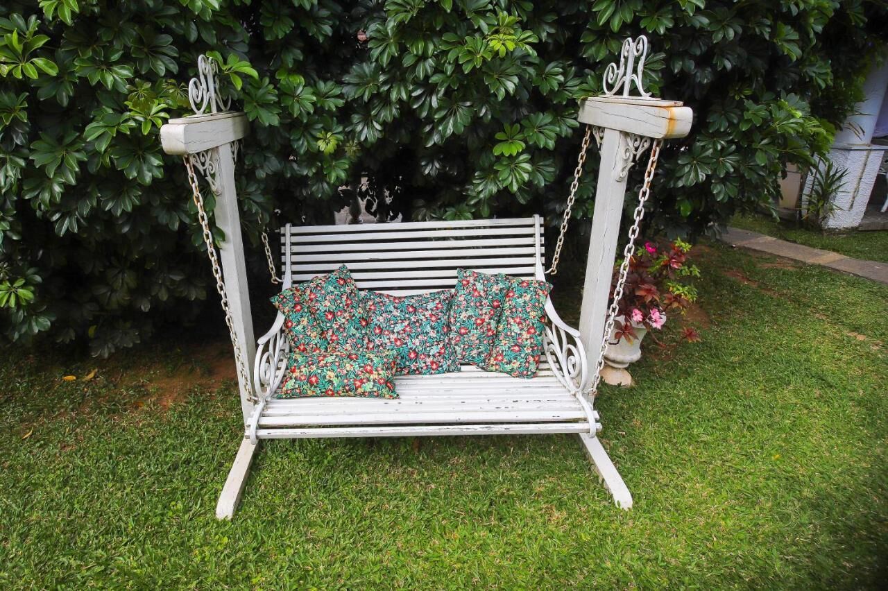 A white metal swing bench with floral cushions, set against a lush green hedge backdrop.