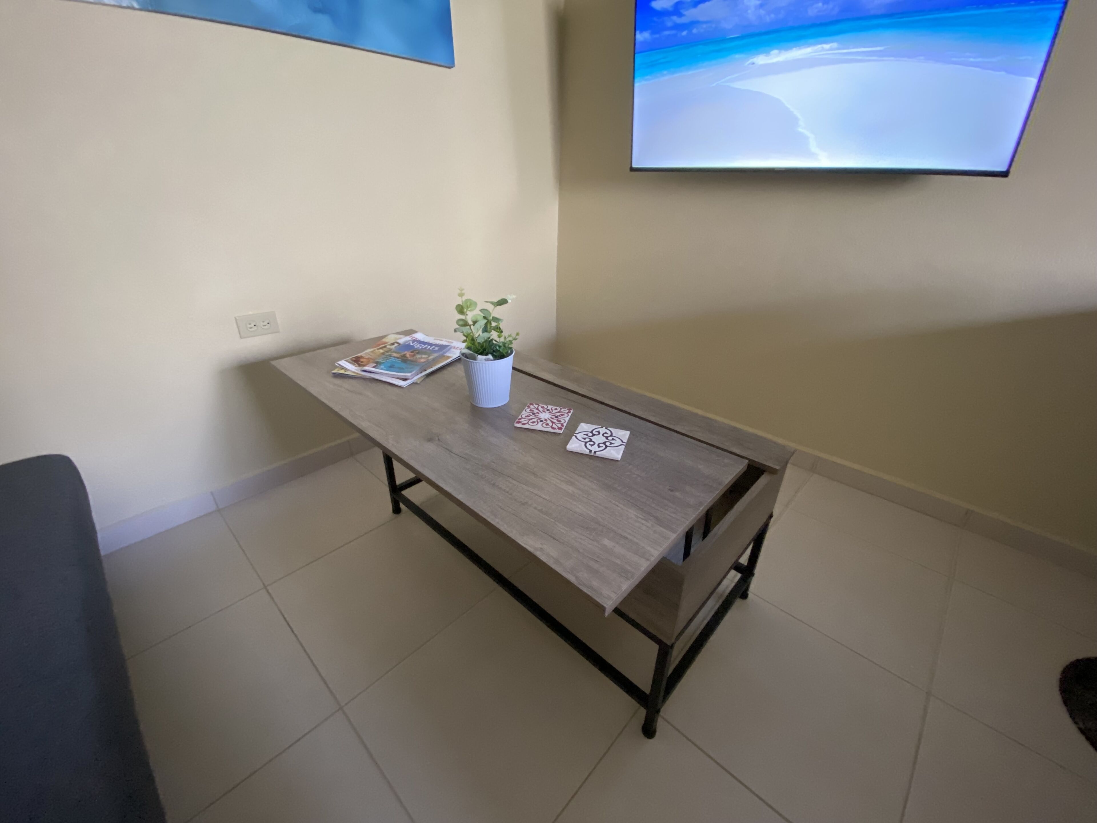 Habitació petita i ordenada amb una taula de fusta, una planta en test i un televisor fixat a la paret que mostra una escena de platja.