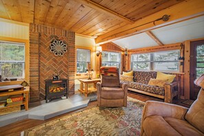 Smart TV, fireplace, books, stereo