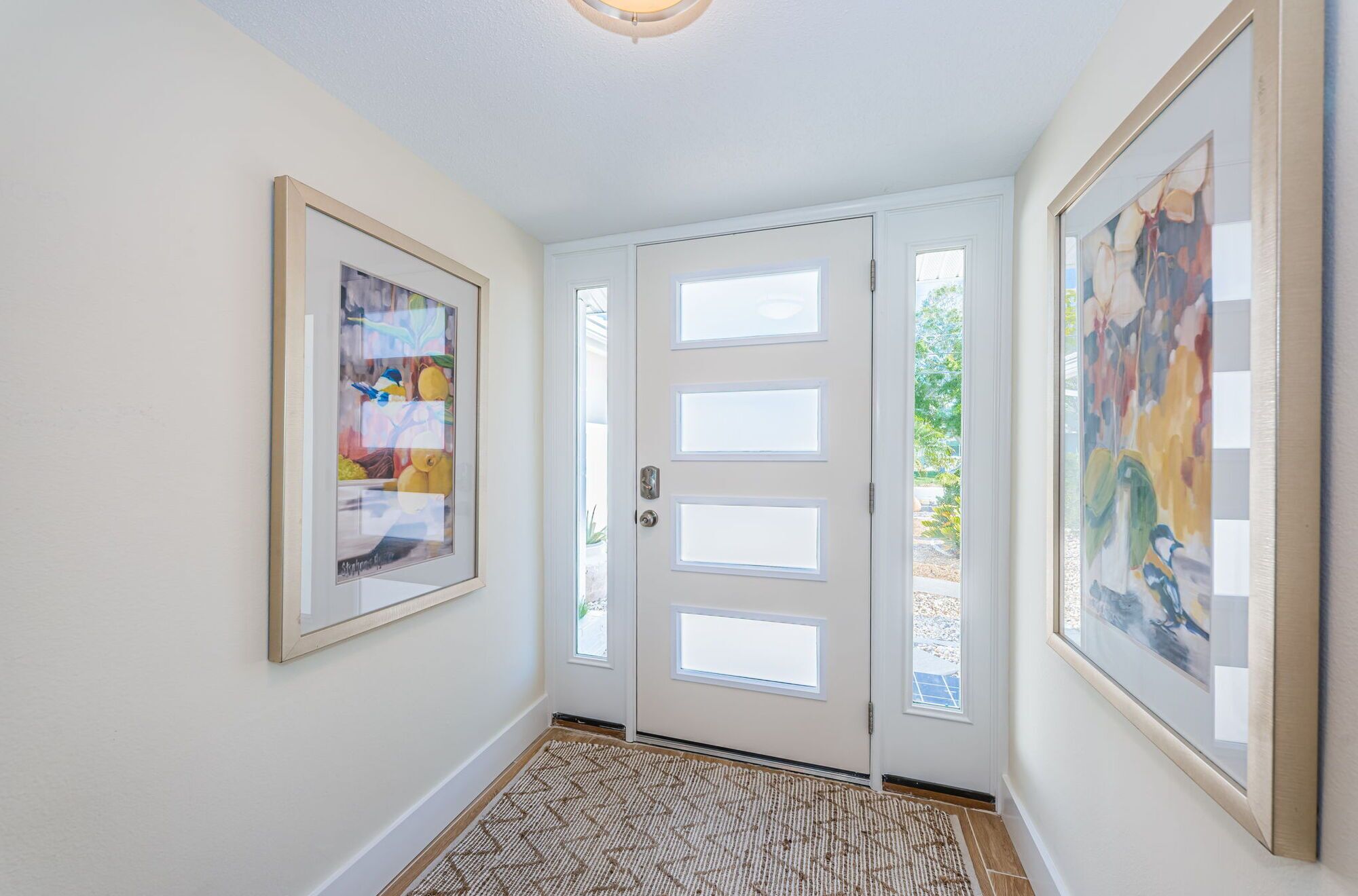 A hallway with a white door, a patterned rug, and two framed artworks on the walls.
