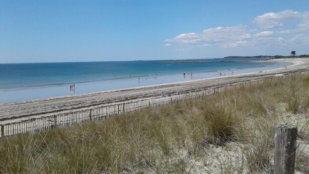 Una playa con valla de madera, orilla arenosa y cielo azul despejado.