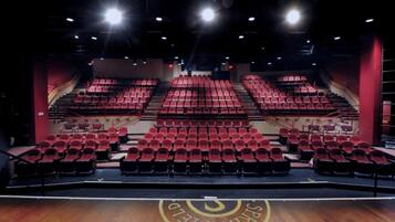 A theater with multiple rows of red seats, a central stage, and a logo on the floor.