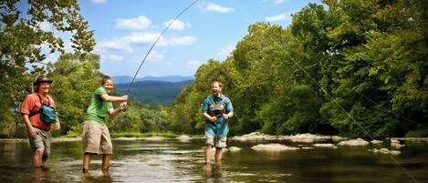 Three people fishing in a river surrounded by lush greenery and mountains in the background.