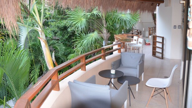 Un área de estar al aire libre con techo, una baranda de madera y abundante follaje tropical.