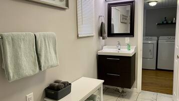 Shower, hair dryer, towels, toilet paper