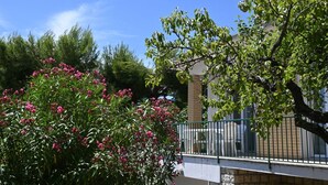 A balcony with a green railing, a building with a beige facade, and a tree with green leaves and pink flowers. - N122 - Numana, delightful single villa with garden (Numana)
