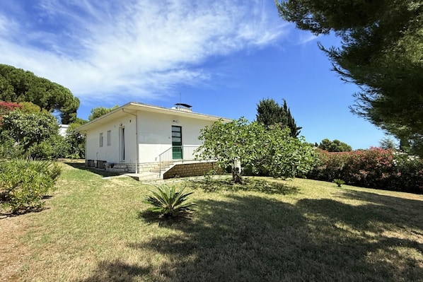 A single-story building with a green door, a small porch, and a well-maintained lawn.