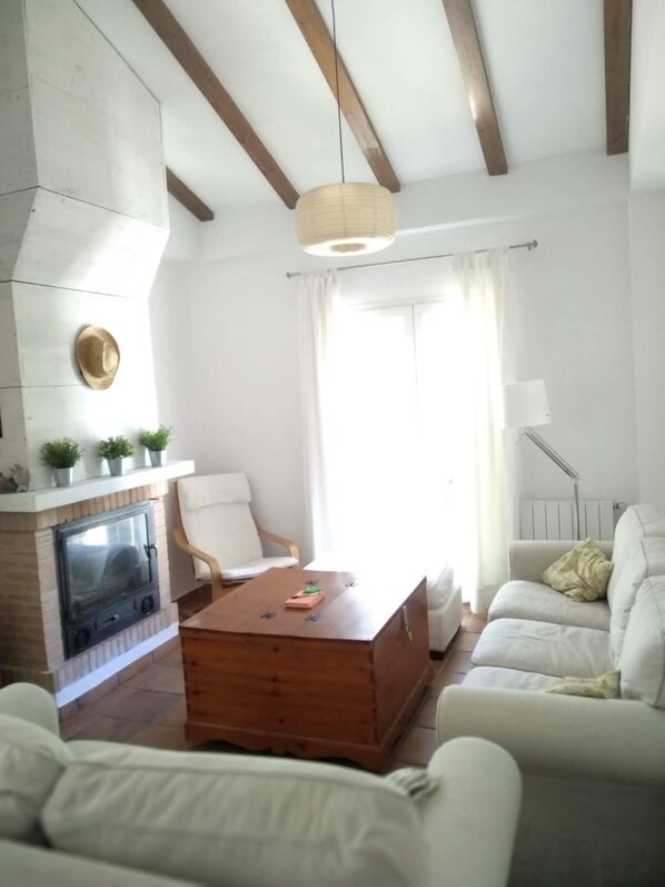 TV connectée, cheminée, livres