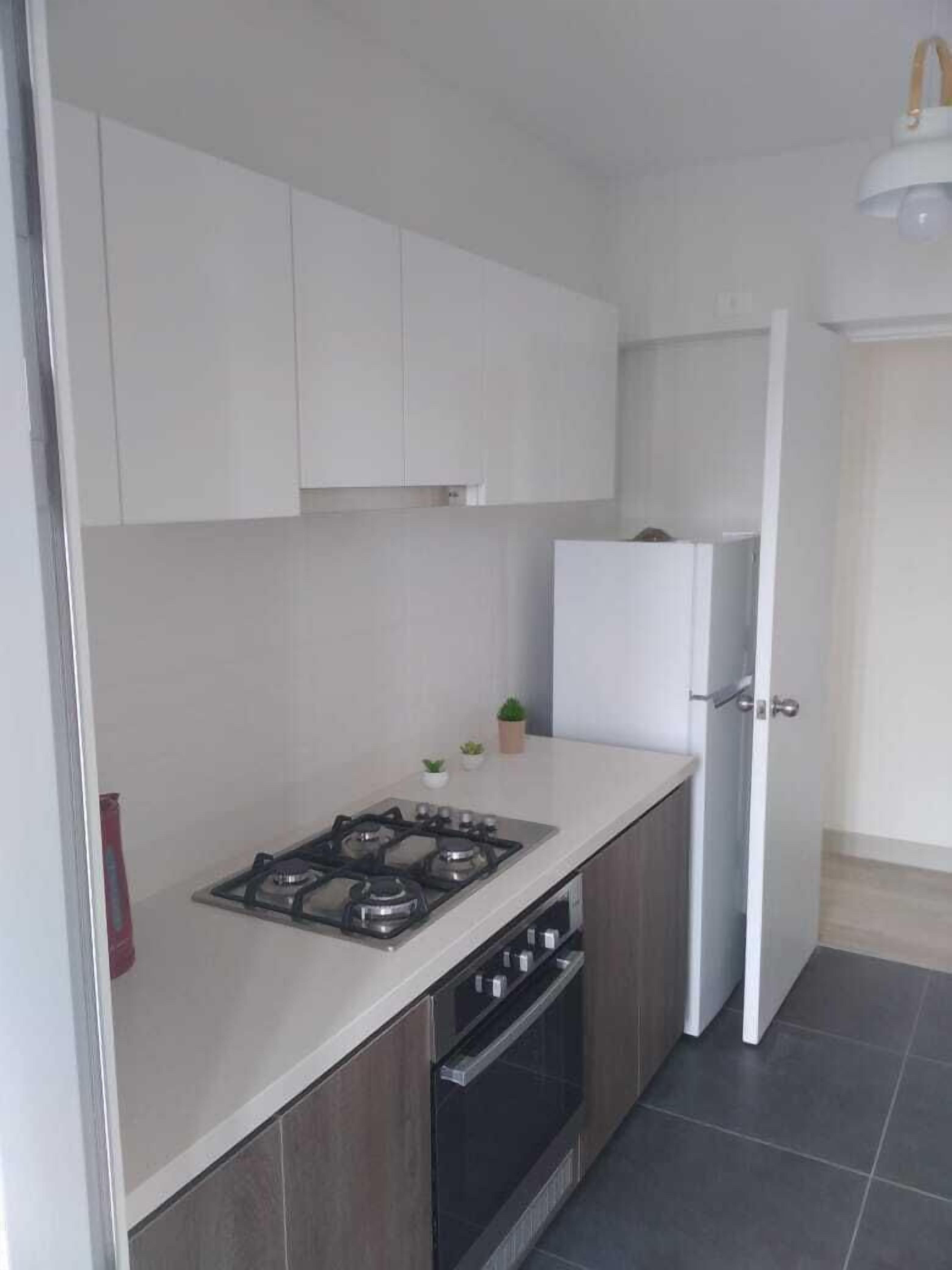 A kitchen with white cabinets, a gas stove, a refrigerator, and a small potted plant.