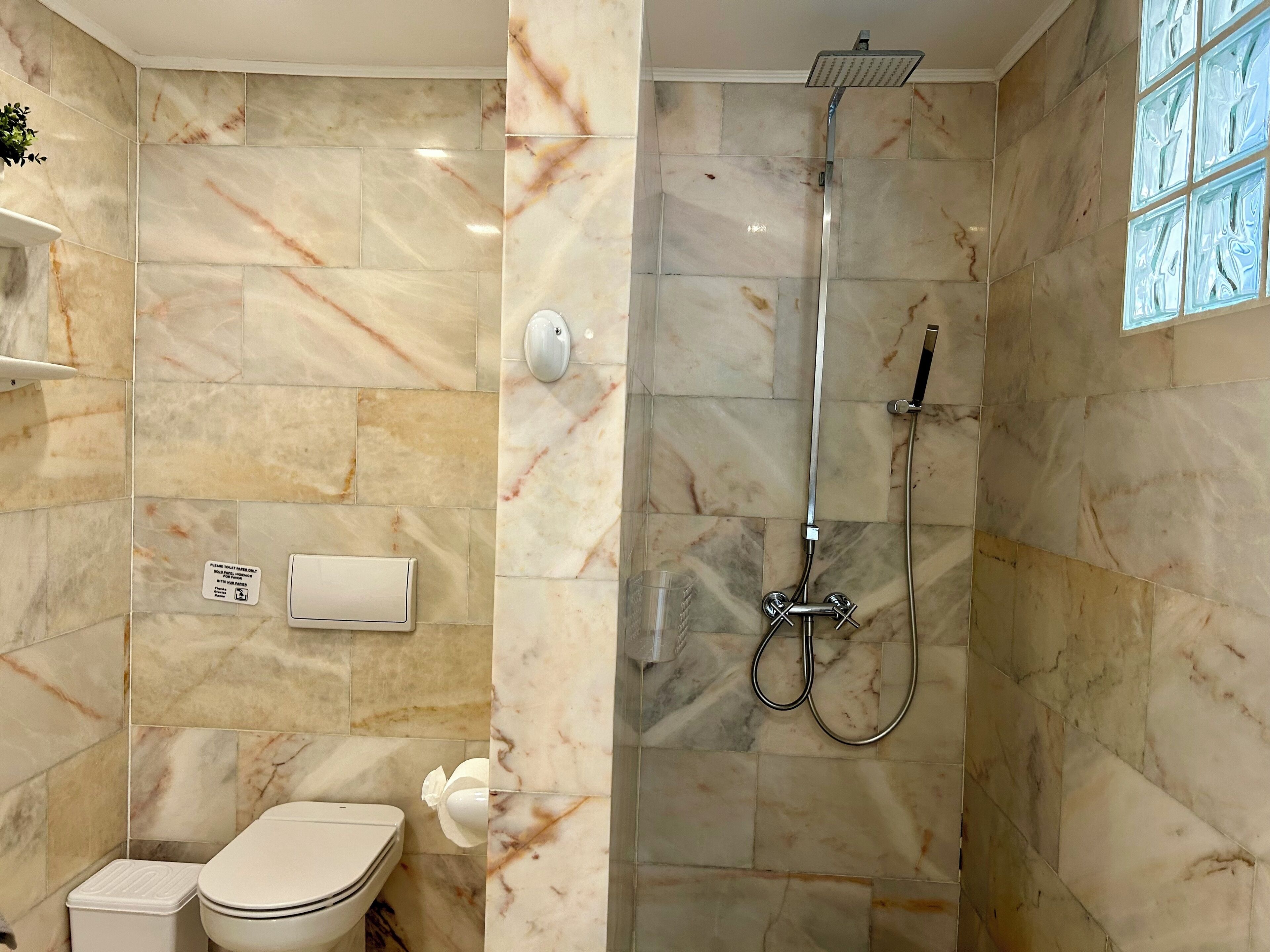 Une salle de bain avec douche, toilettes et murs en marbre.