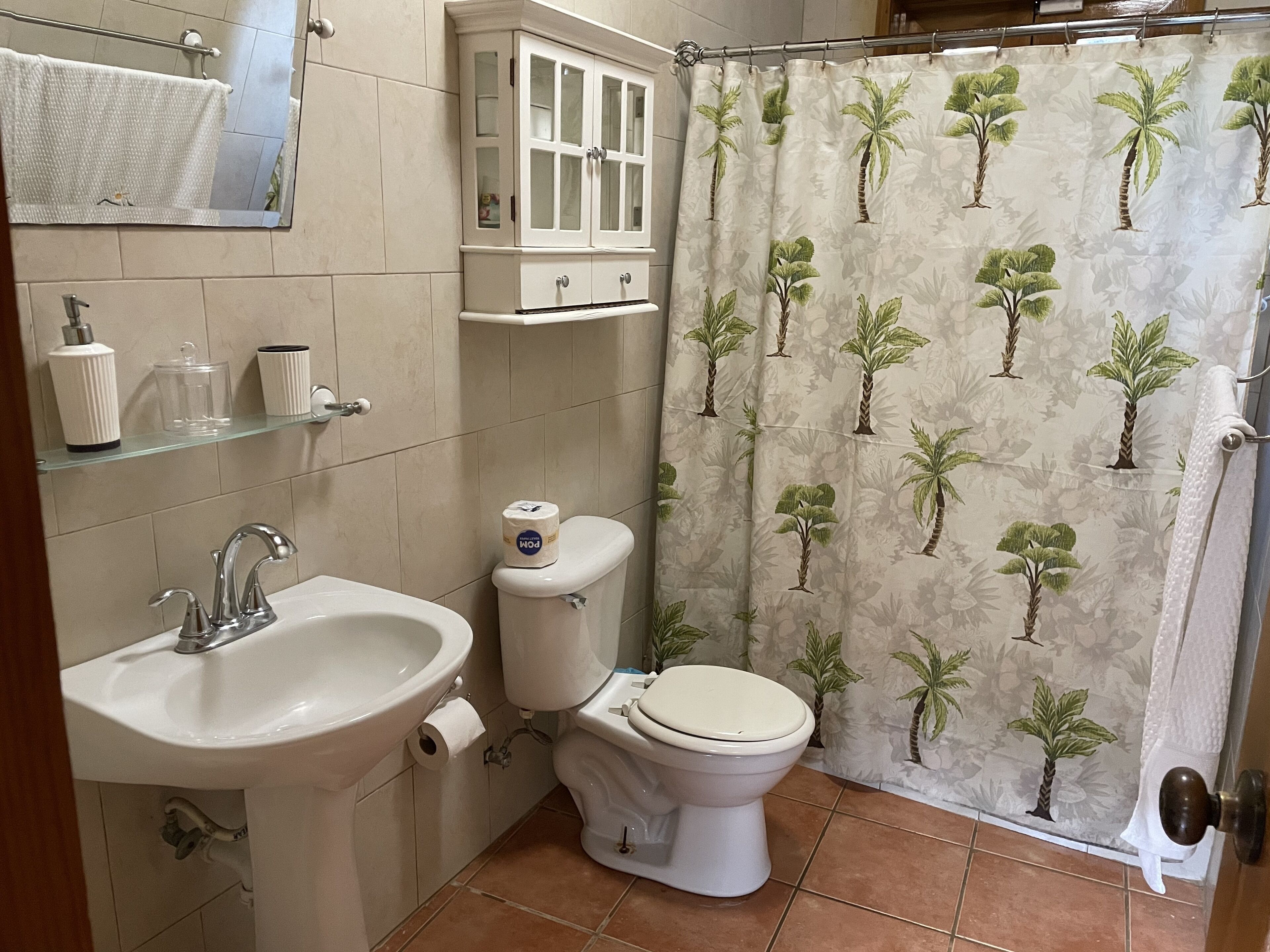 Une salle de bain équipée de toilettes, d’un lavabo et d’un rideau de douche orné d’un motif de palmiers.