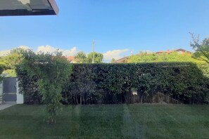Ein Garten mit Hecke, Rasen und einem Gebäude im Hintergrund.