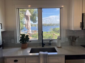 Una cucina con un'ampia finestra vista lago, una pianta in vaso e un asciugamano appeso alla porta.