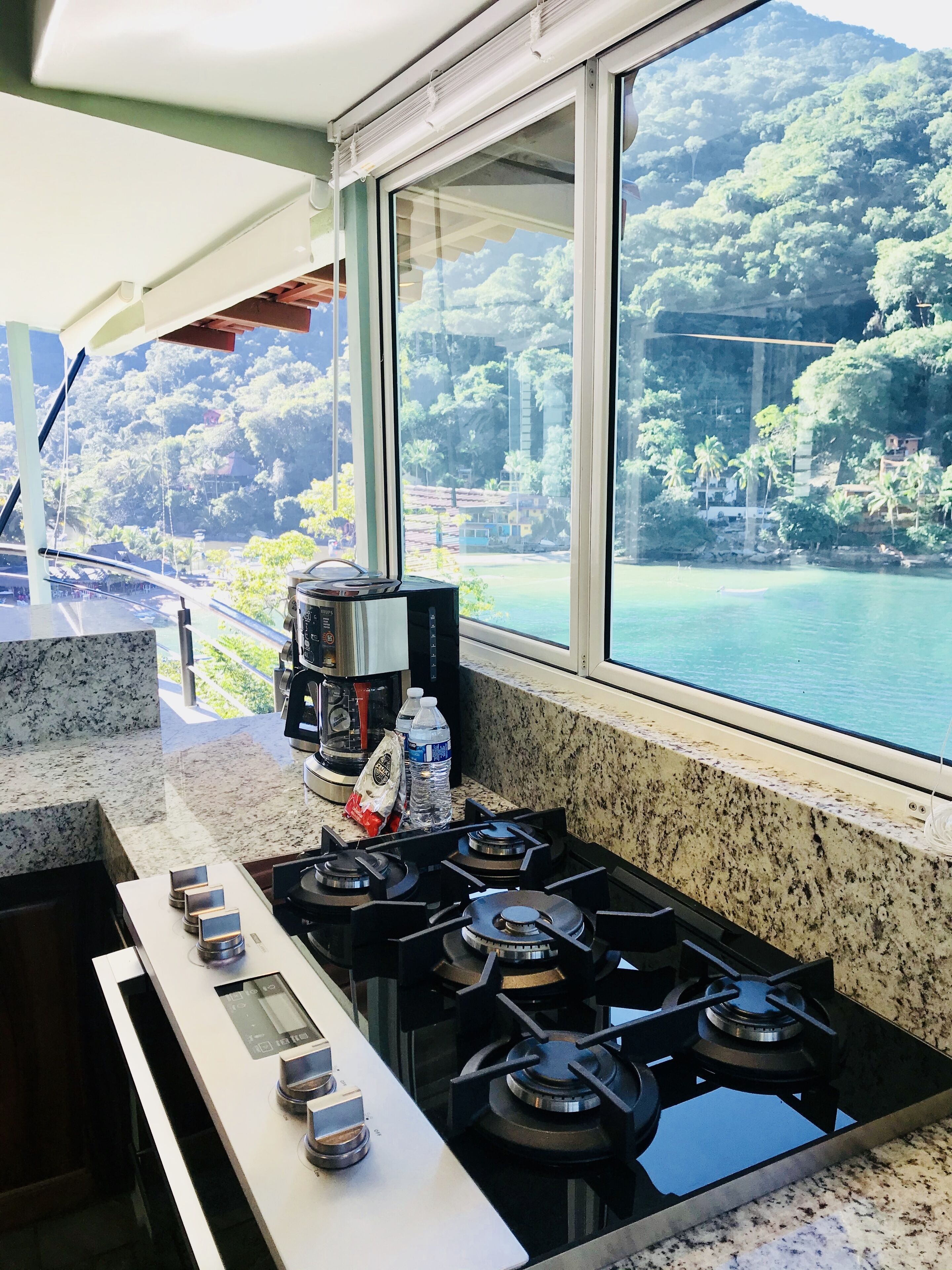 A kitchen with a gas stove, a coffee maker, and a view of a lake and forest.
