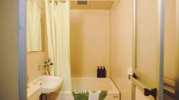 Combined shower/bathtub, hair dryer, towels