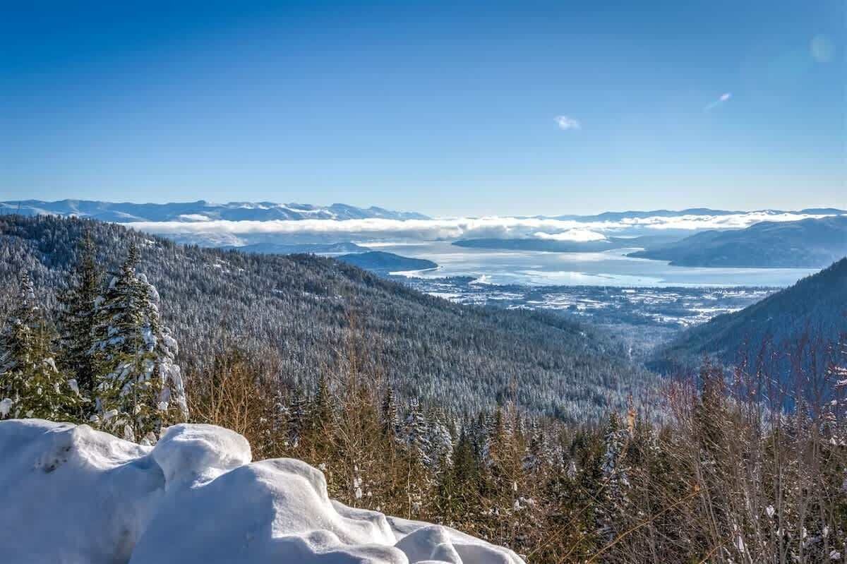 A mountainous landscape with snow-covered trees and a clear view of a valley.