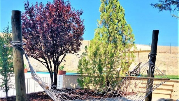 Una hamaca entre dos árboles en un patio trasero con una piscina y una terraza de madera al fondo.