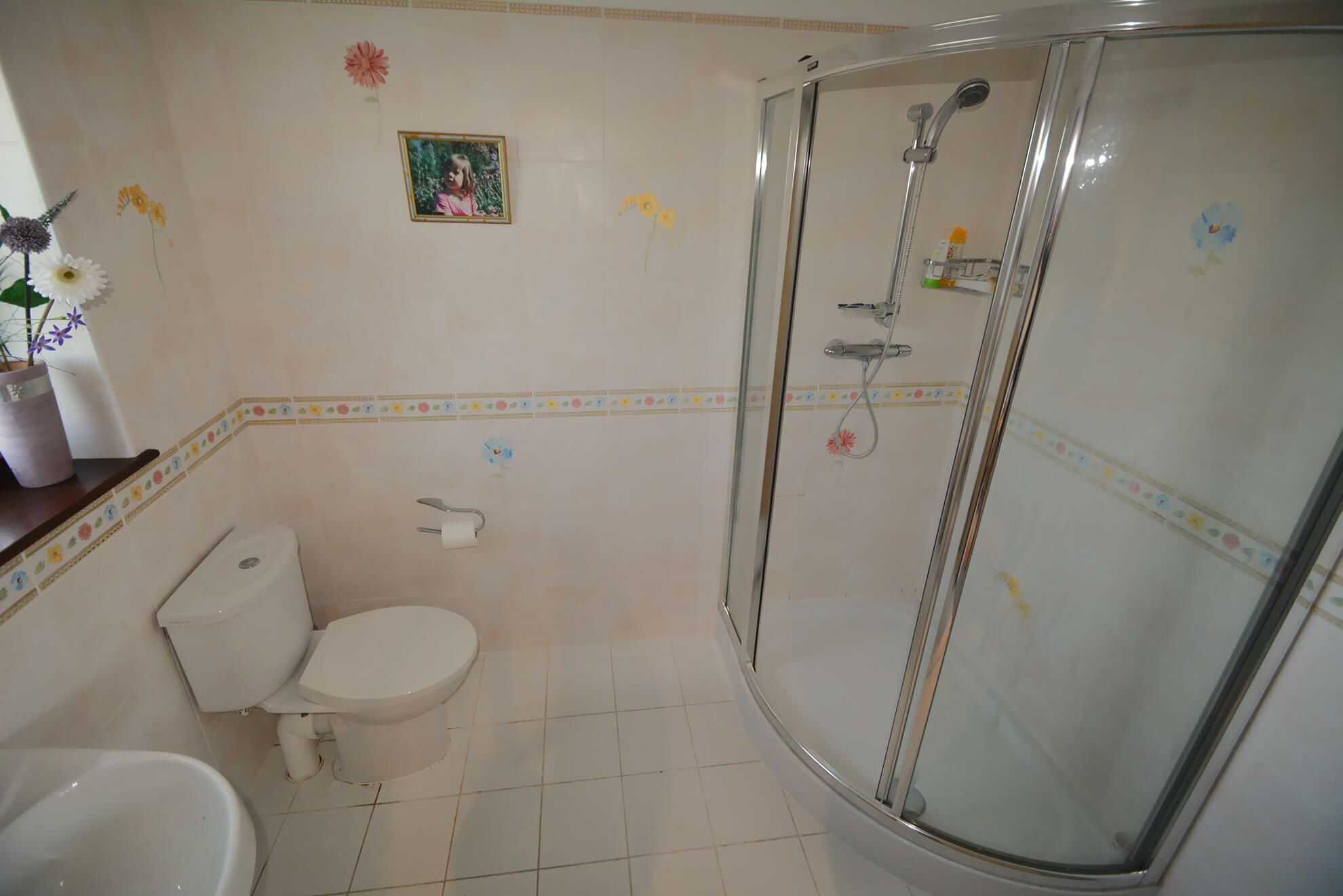 A bathroom with a toilet, a shower enclosure, and decorative wall tiles.