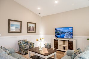 Smart TV, fireplace, books