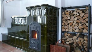 A traditional wood-burning stove with a glass front, a metal rack for logs, and a wicker basket on the floor. - Newly built cottage with pool and  large fenced garden (Ždár nad Sázavou)