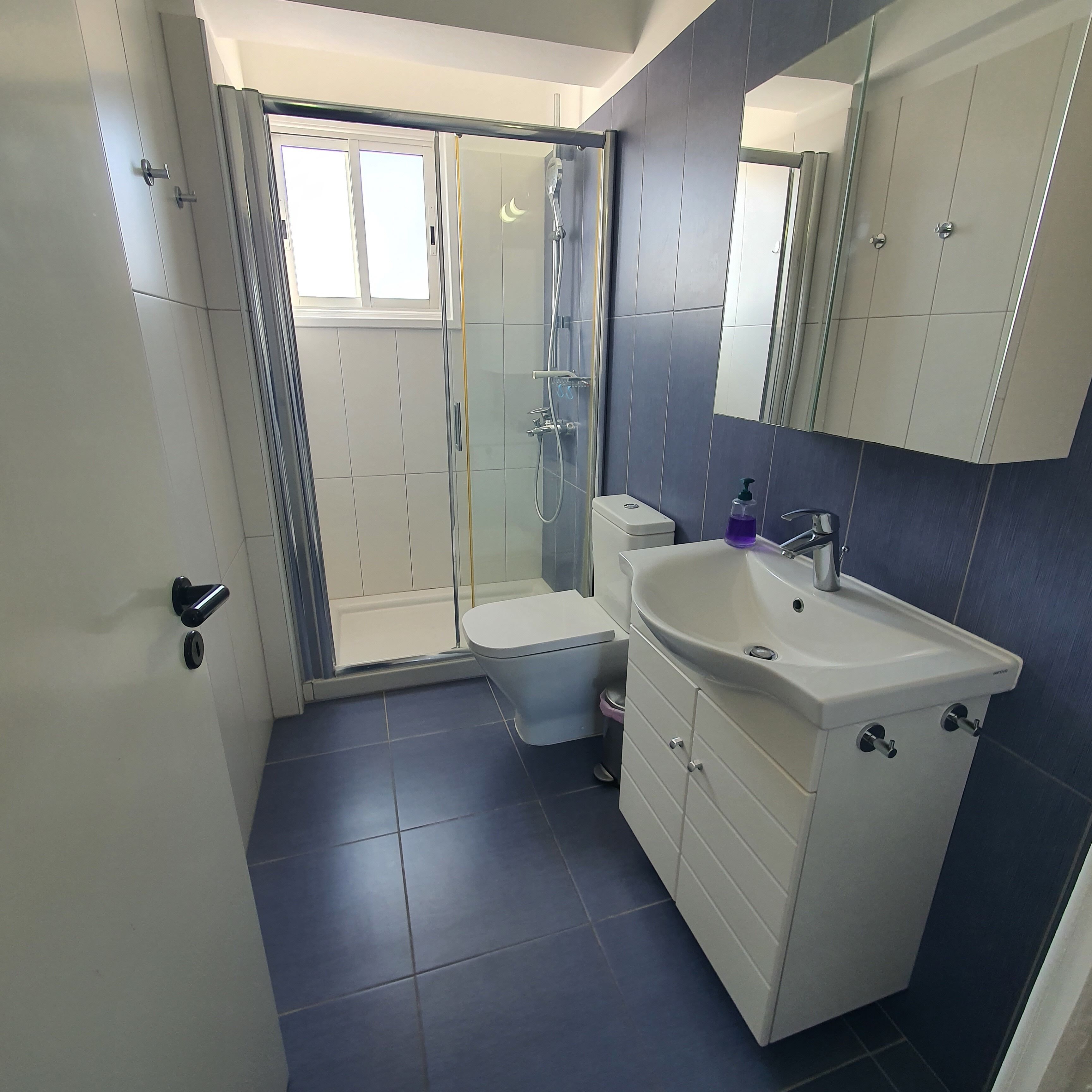 A bathroom with a shower, toilet, sink, and cabinets.