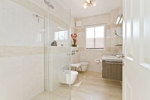 Shower, hair dryer, towels