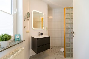 Shower, hair dryer, towels