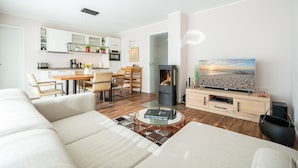A modern living room with a sofa, a coffee table, a TV, and a fireplace. - Quartier Ahlbeck, app. 04 (Heringsdorf)