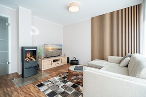 Una televisión, una chimenea