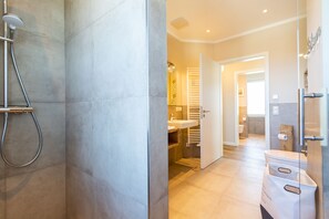 Shower, hair dryer, towels