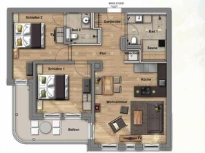 Plano de planta de un hotel frente al mar con dos dormitorios, sala de estar, cocina, baño, sauna y balcón.