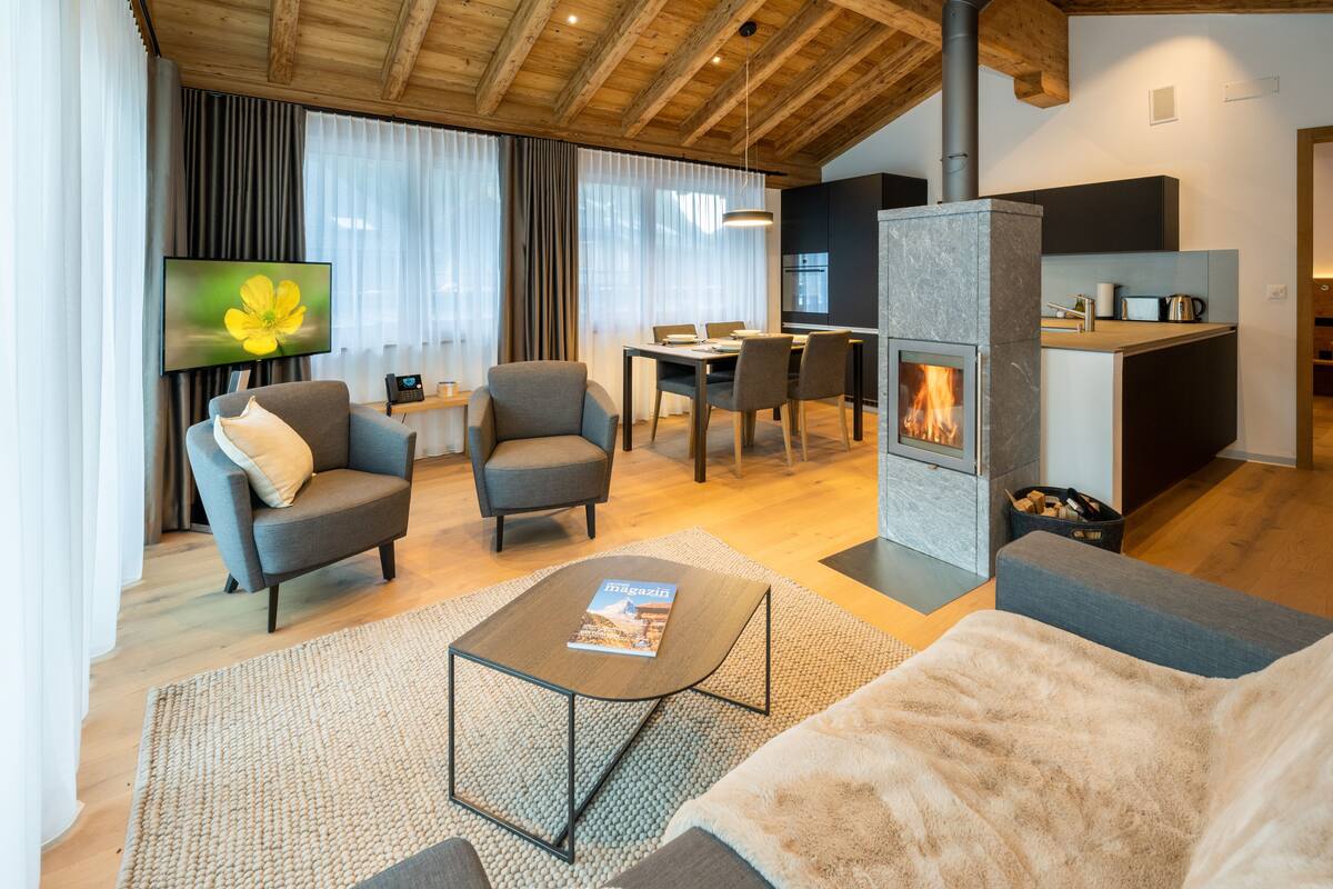 Premium Apartment, 2 Bedrooms, Fireplace, Mountain View | Living area | Flat-screen TV