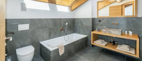 Uma casa de banho moderna com um claraboia, uma banheira, uma sanita e uma toucador com espelho.