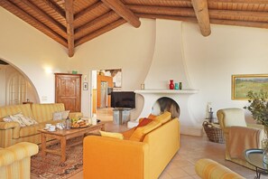 Flat-screen TV, fireplace