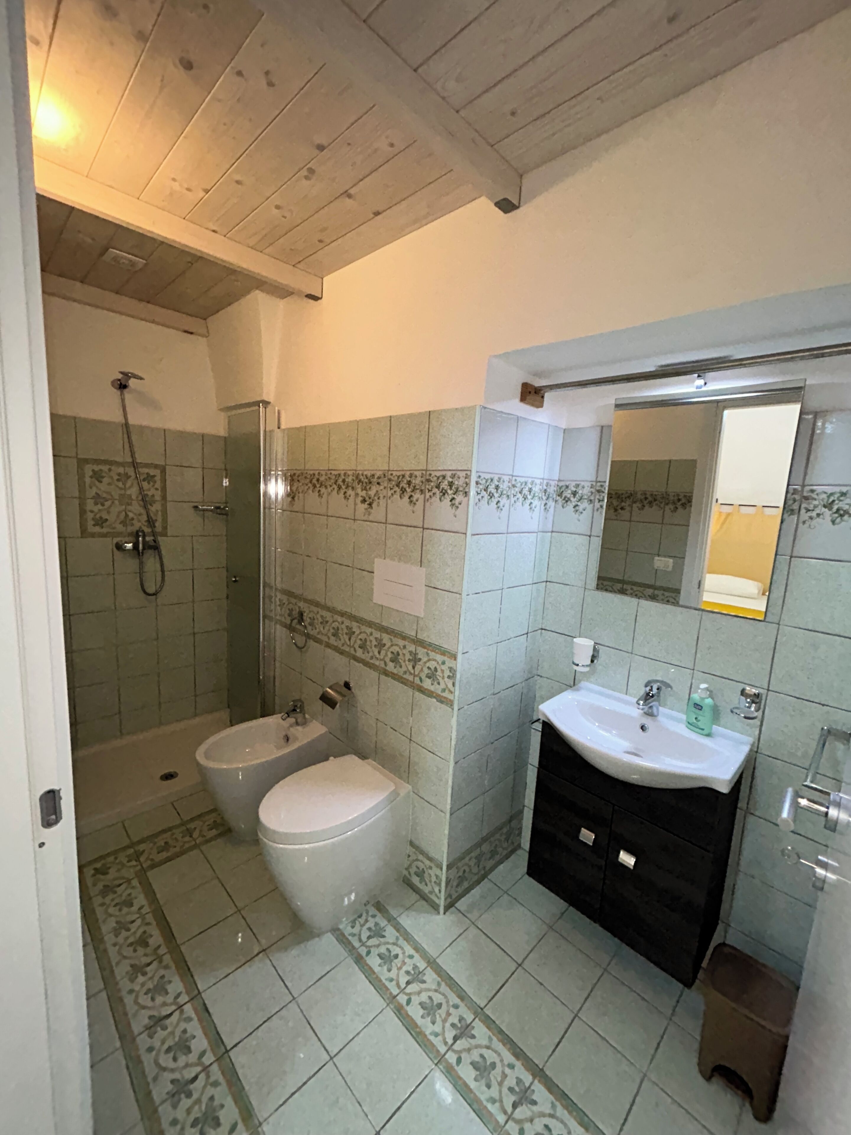 Ein Badezimmer mit Dusche, Toilette, Bidet, Waschbecken und Spiegel.