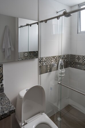 Shower, hair dryer, towels, soap
