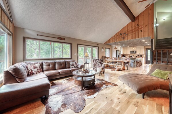 Televisio, takka, DVD-soitin, kirjoja